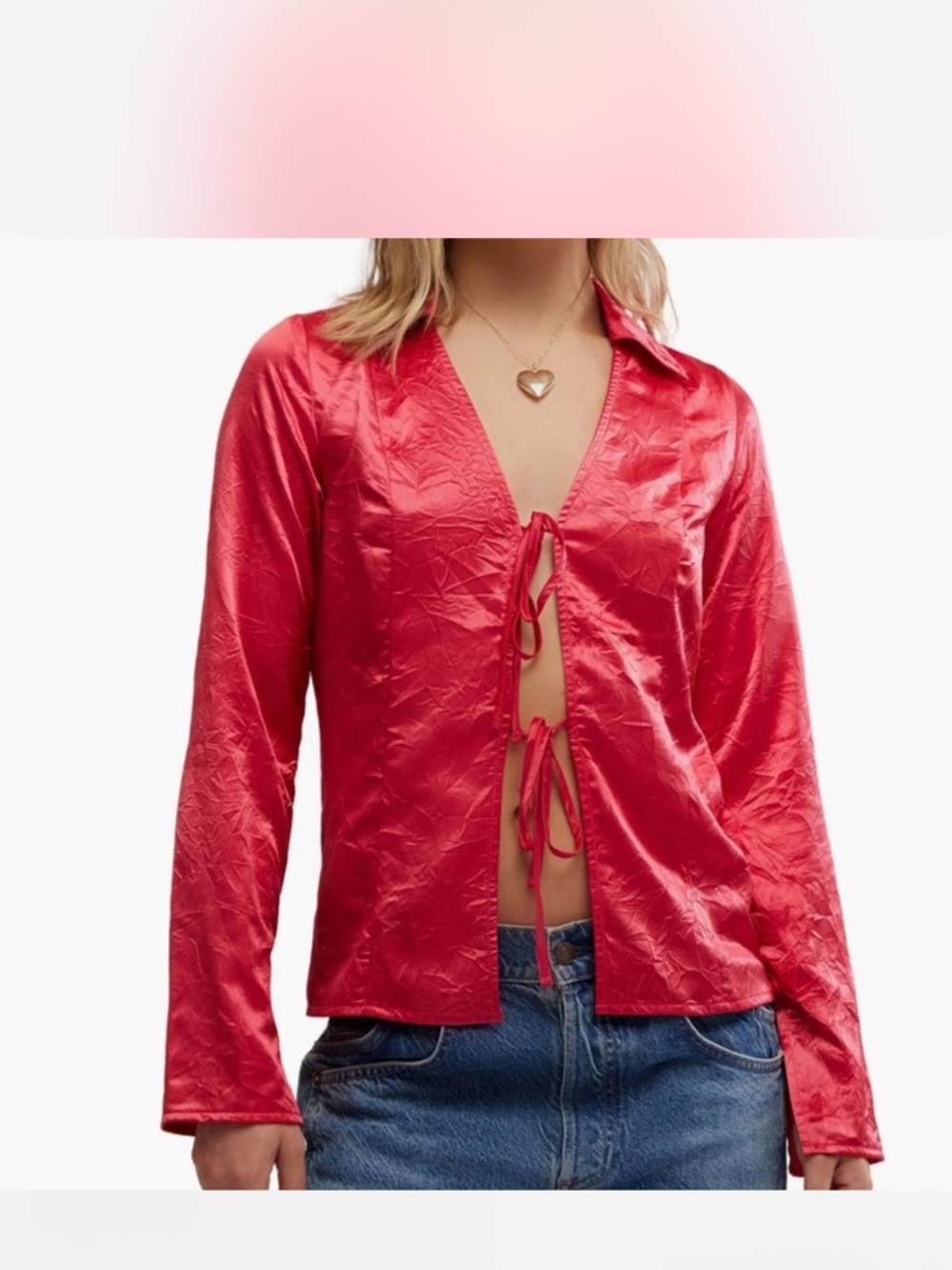 Free People Starry Eyes Red Satin Tie-Front Button-Down Crinkle Top NWT
